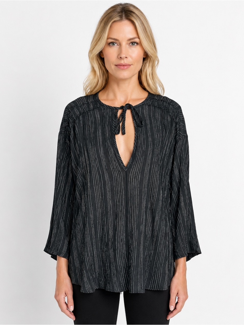 VINCE 3/4 Sleeve Black Gray Stripe Top Boxy Gauzy Lightweight Sz XL 100% Cotton